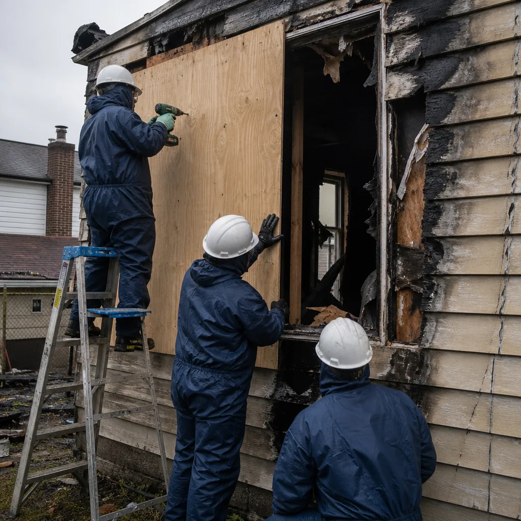 Technicians performing fire damage restoration by boarding up a burned house window.