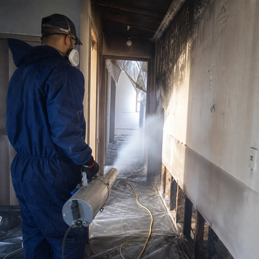 Technician using restoration equipment to clean fire and smoke damaged walls