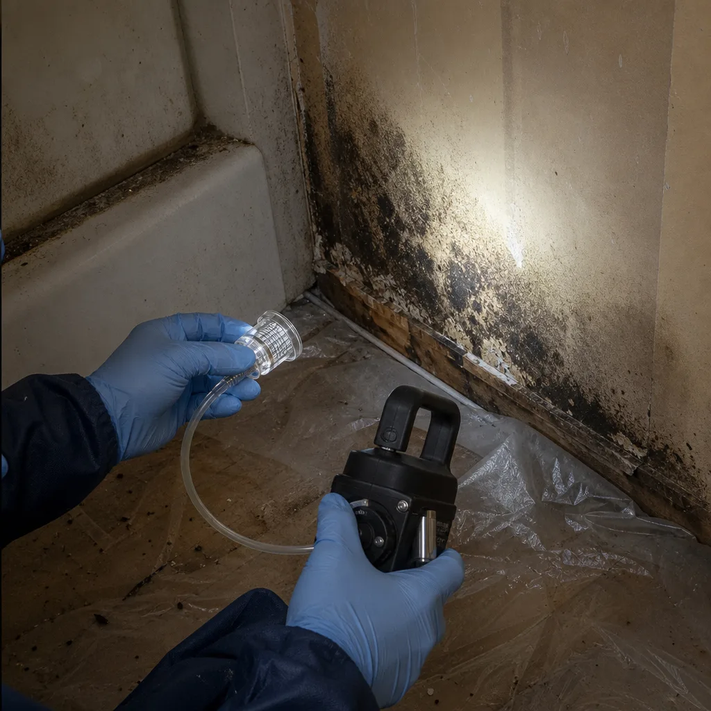 Professional technician performing mold air sampling during a home remediation project.