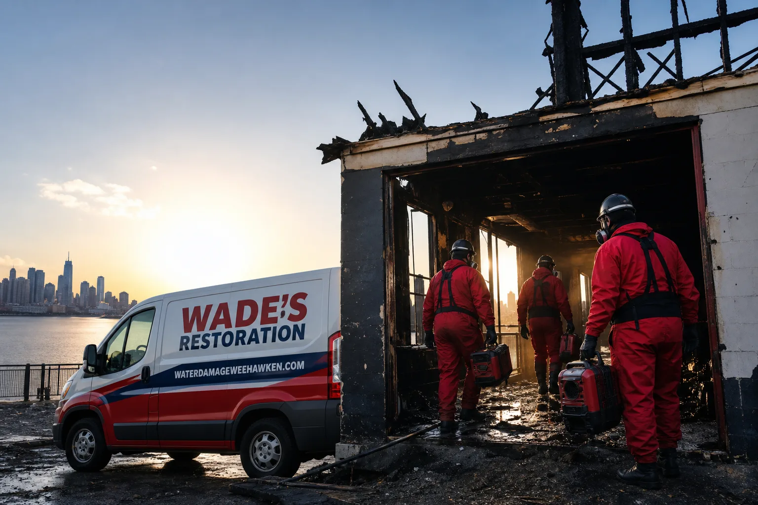 Wade's Restoration damage restoration service vehicle and crew in Weehawken, NJ